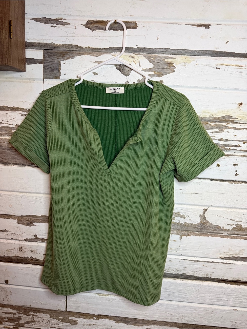 Zenana Outfitters Green Short-Sleeve V-Neck Waffle Knit Top(22